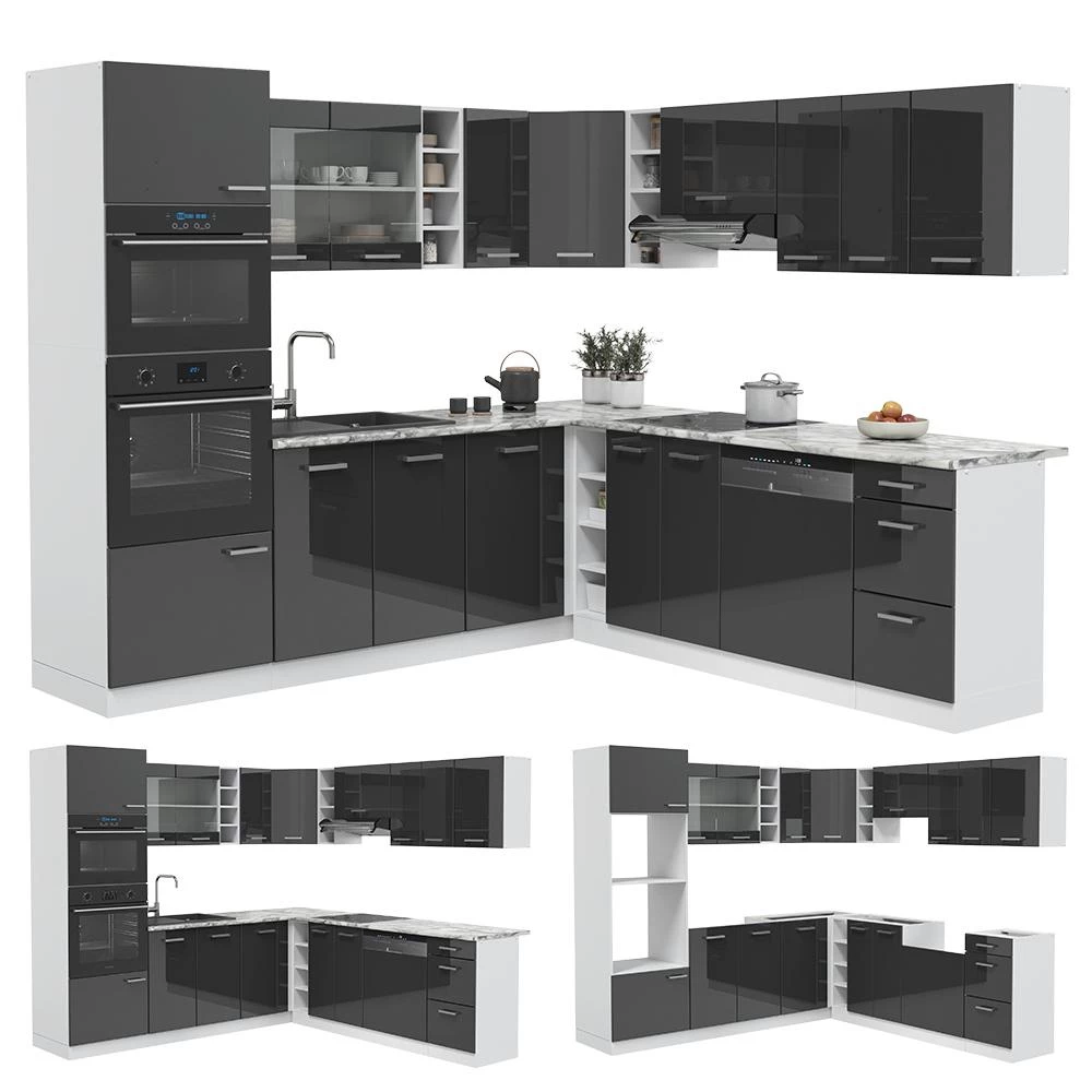 Eckküche R-Line Anthrazit Hochglanz/Weiß 247 x 237 cm, AP Anthrazit livinity®