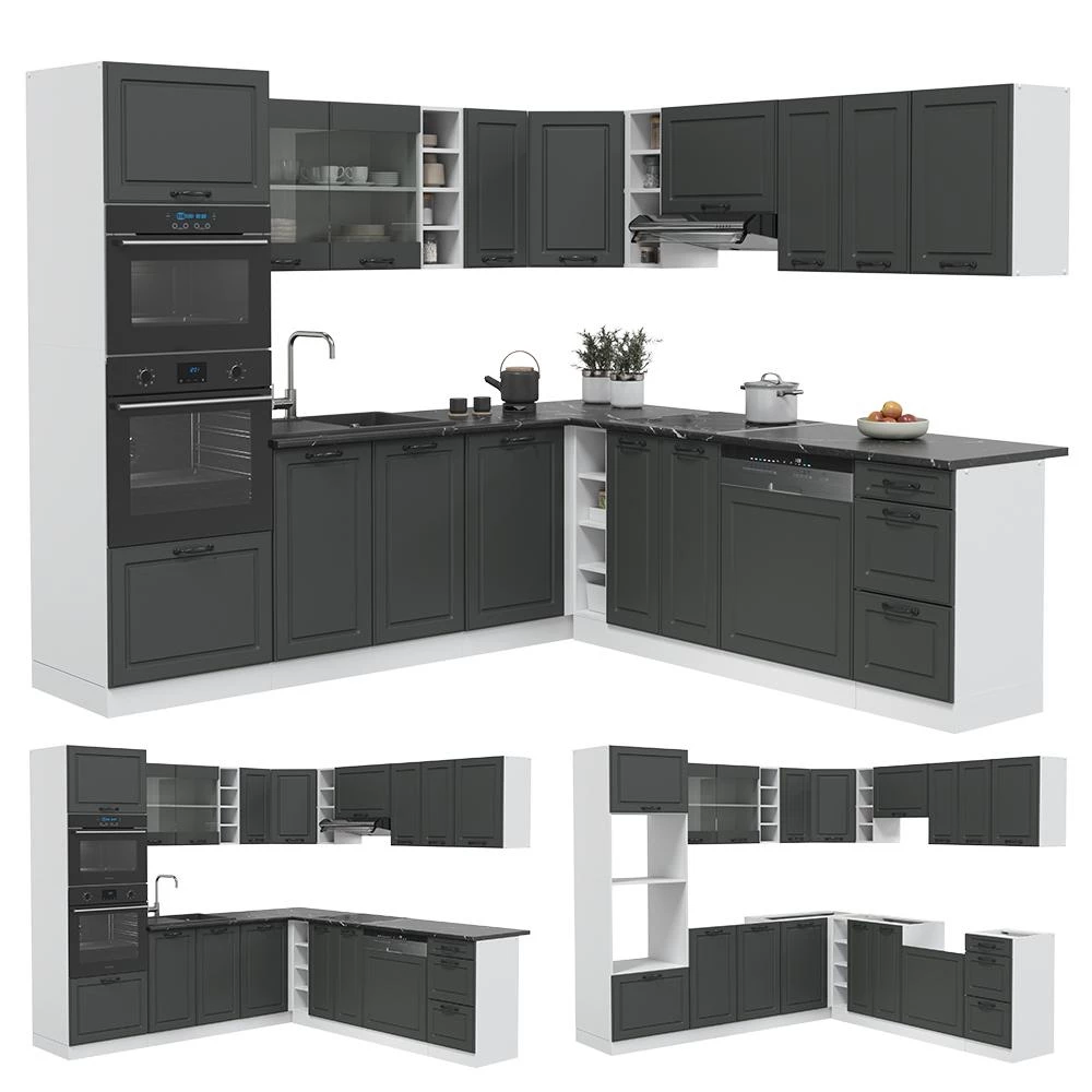 Eckküche R-Line Anthrazit Landhaus/Weiß 247 x 237 cm, AP Eiche livinity®