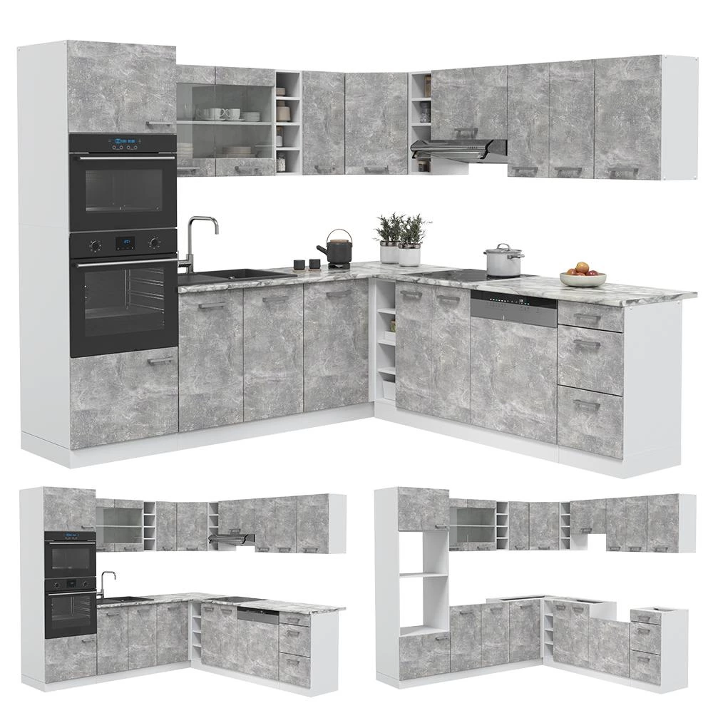 Eckküche R-Line Beton/Weiß 247 x 237 cm, AP Eiche livinity®