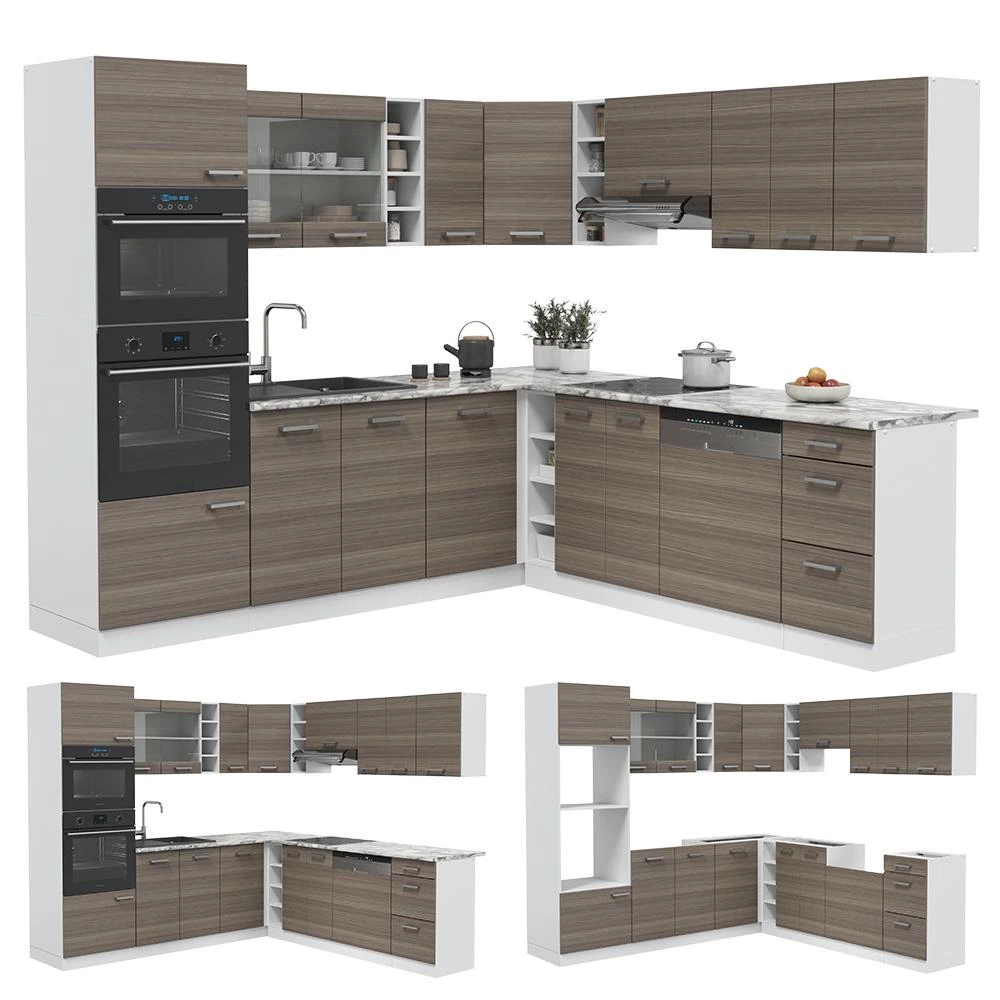 Cuisine en angle R-Line Gris noble/Blanc 247 x 237 cm, PT Chêne Vicco