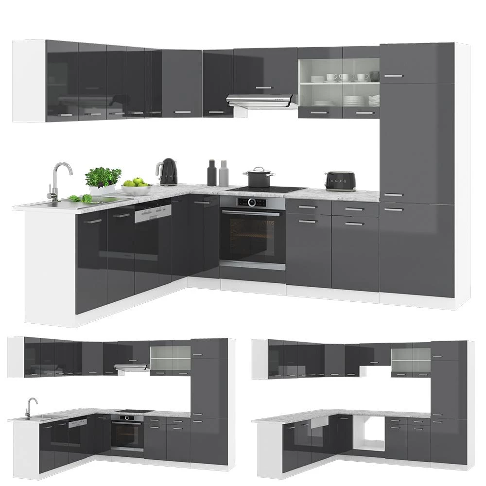 Eckküche R-Line Anthrazit Hochglanz/Weiß 287 x 227 cm, AP Eiche livinity®