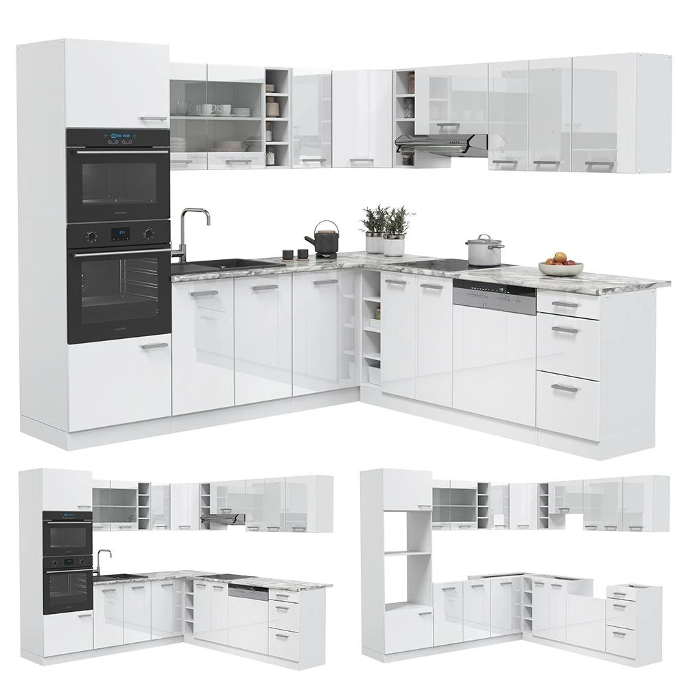 Eckküche R-Line Weiß Hochglanz/Weiß 247 x 237 cm, AP Anthrazit livinity®