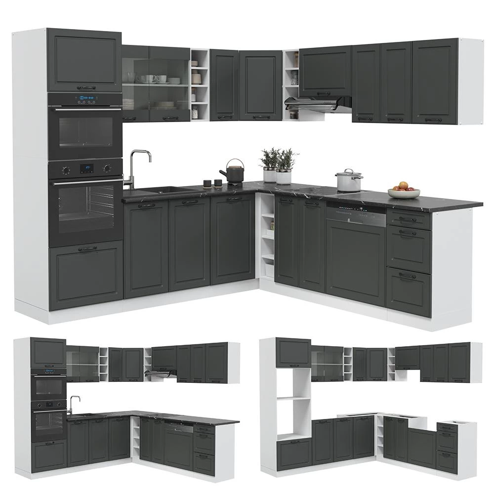 Eckküche R-Line Anthrazit Landhaus/Weiß 247 x 237 cm, AP Anthrazit livinity®
