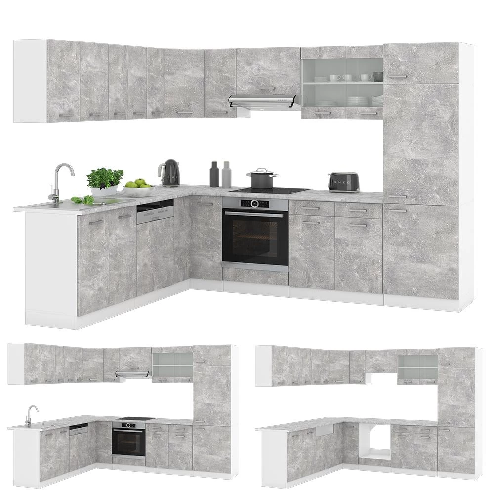 Eckküche R-Line Beton/Weiß 287 x 227 cm, AP Eiche livinity®