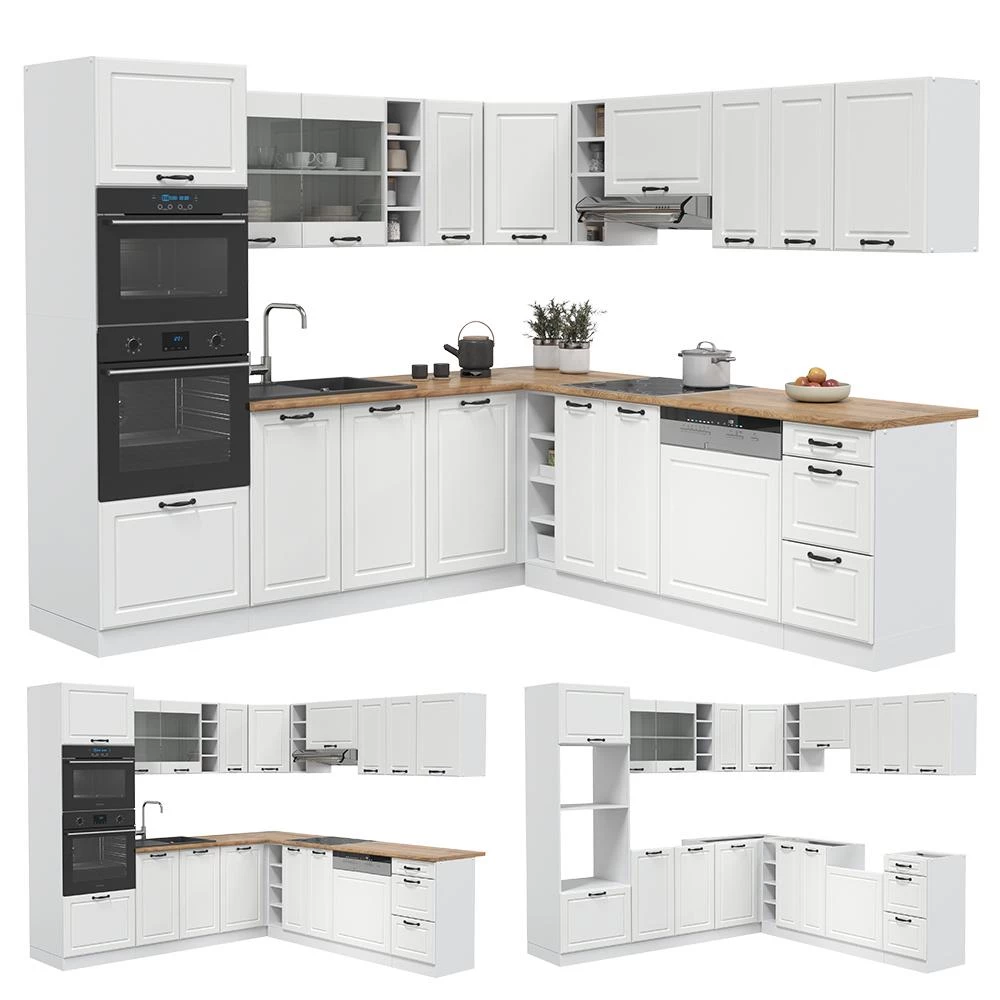 Eckküche R-Line Weiß Landhaus/Weiß 247 x 237 cm, AP Eiche livinity®