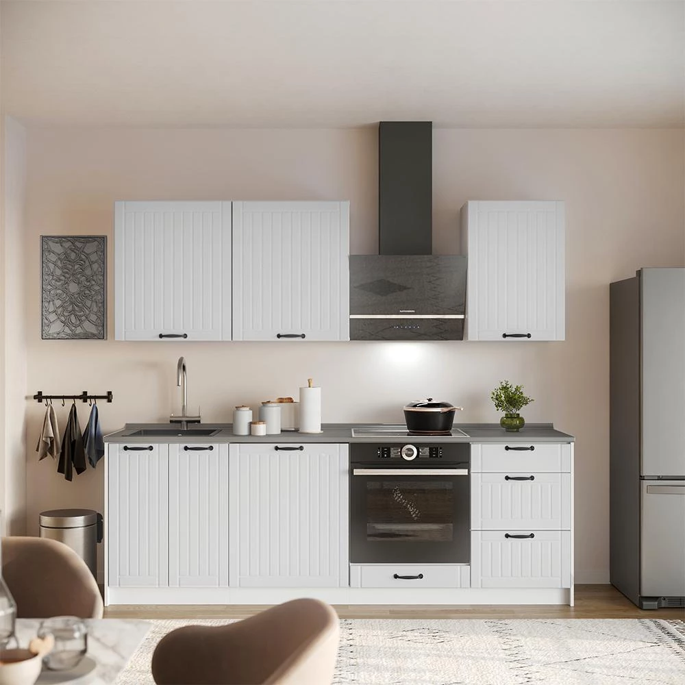 Küchenzeile Fame-Line Weiß Landhaus/Weiß 230 cm, AP Marmor Vicco № 37434