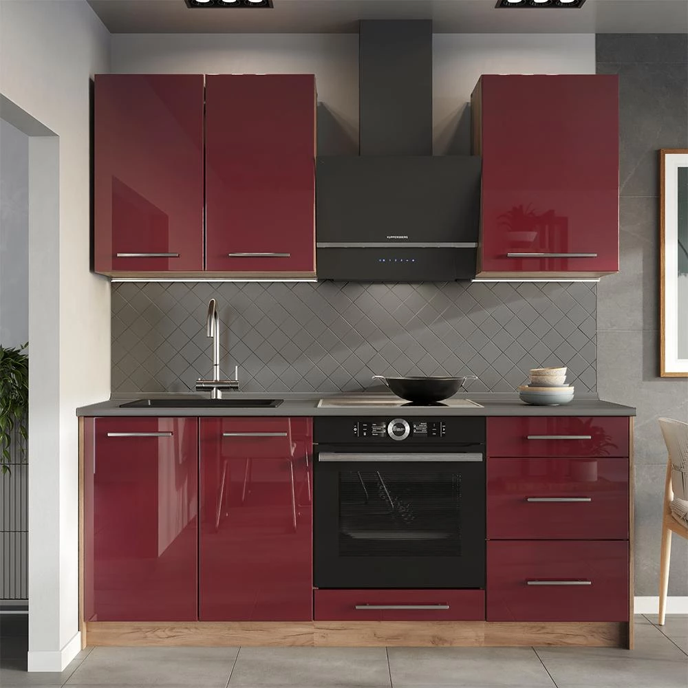 Spülenunterschrank Fame-Line Bordeaux Hochglanz/Goldkraft Eiche 100 cm Arbeitsplatte Marmor Vicco