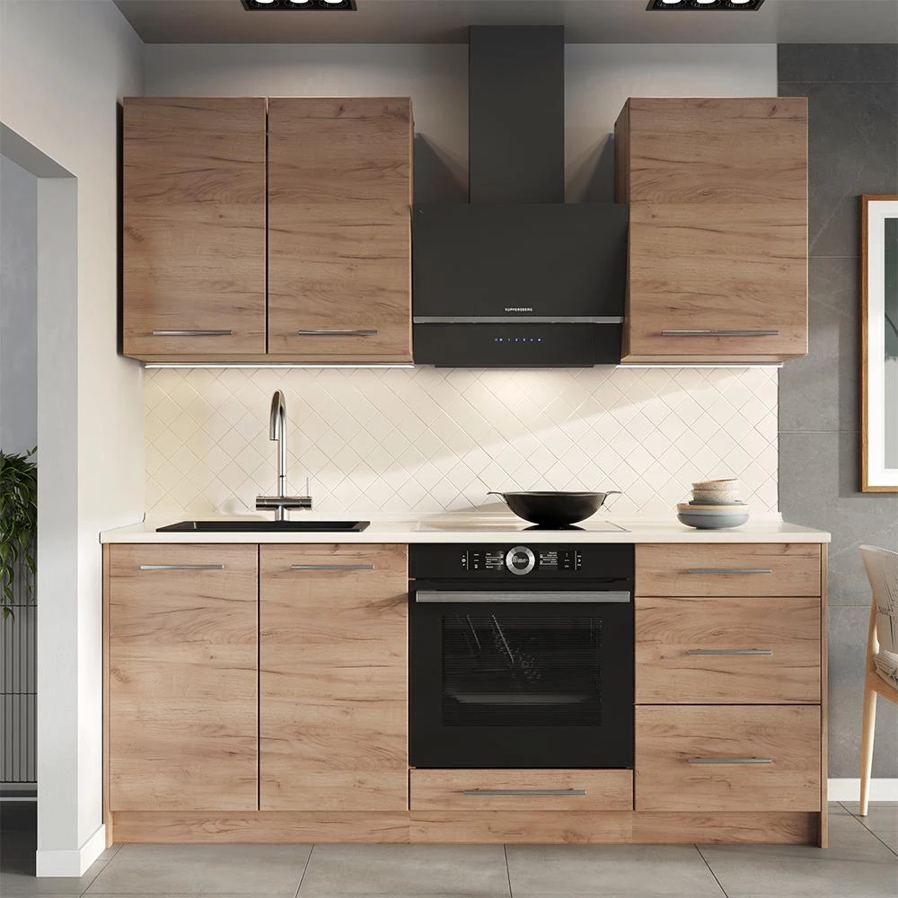 Cucina monoblocco Fame-Line Rovere dorato/Rovere dorato 190 cm piano di lavoro Marmo Vicco