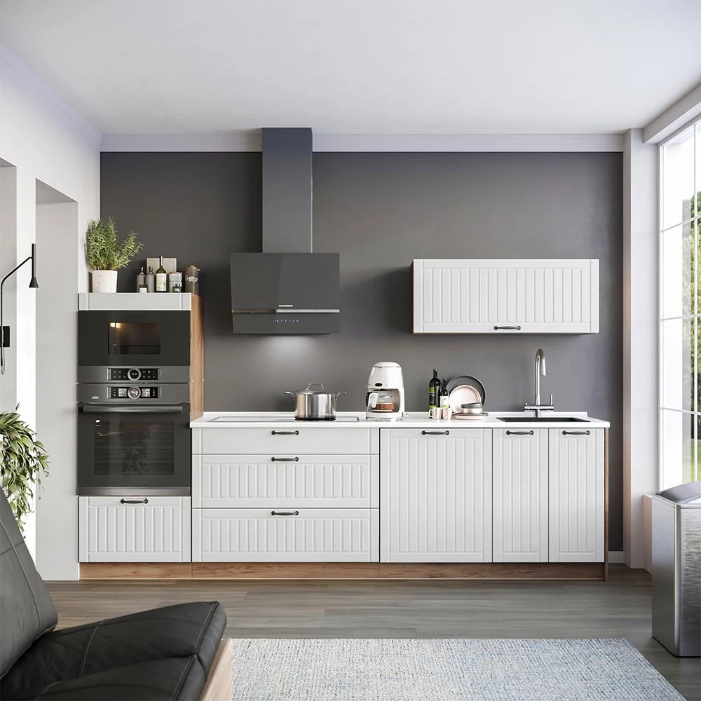 Küchenunterschrank Fame-Line Weiß Landhaus/Goldkraft Eiche 100 cm Arbeitsplatte Marmor Vicco