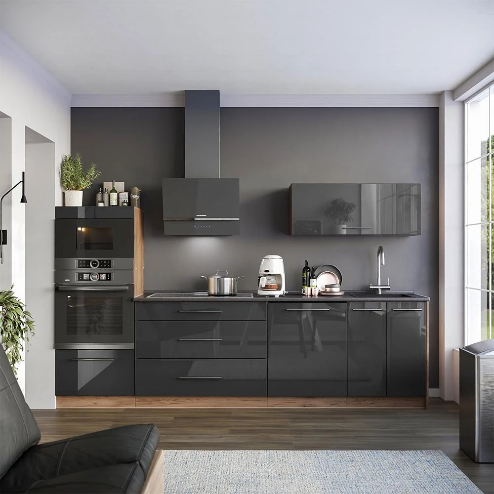 Küchenunterschrank Fame-Line Anthrazit Hochglanz/Goldkraft Eiche 100 cm Arbeitsplatte Marmor Vicco