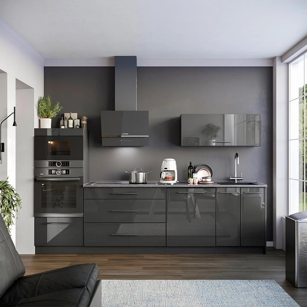 Küchenunterschrank Fame-Line Anthrazit Hochglanz/Anthrazit 100 cm Arbeitsplatte Marmor Vicco