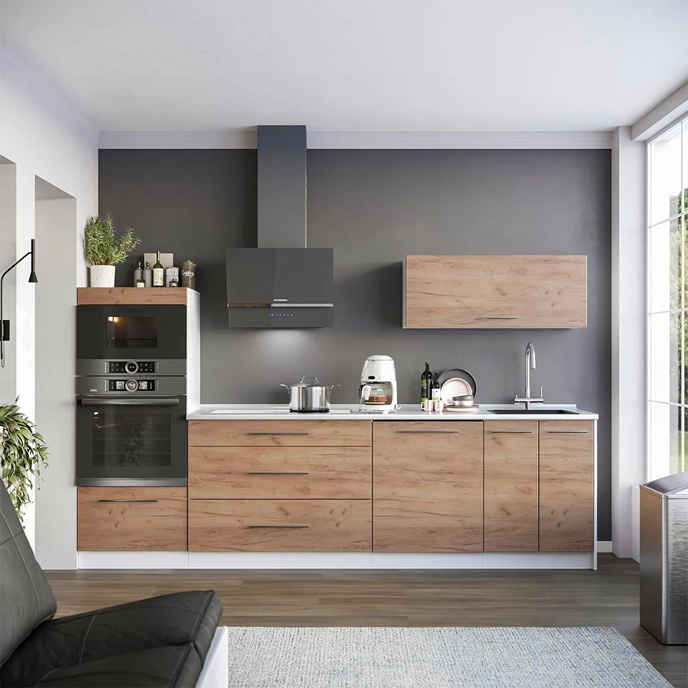 Küchenunterschrank Fame-Line Goldkraft Eiche/Weiß 100 cm Arbeitsplatte Marmor Vicco