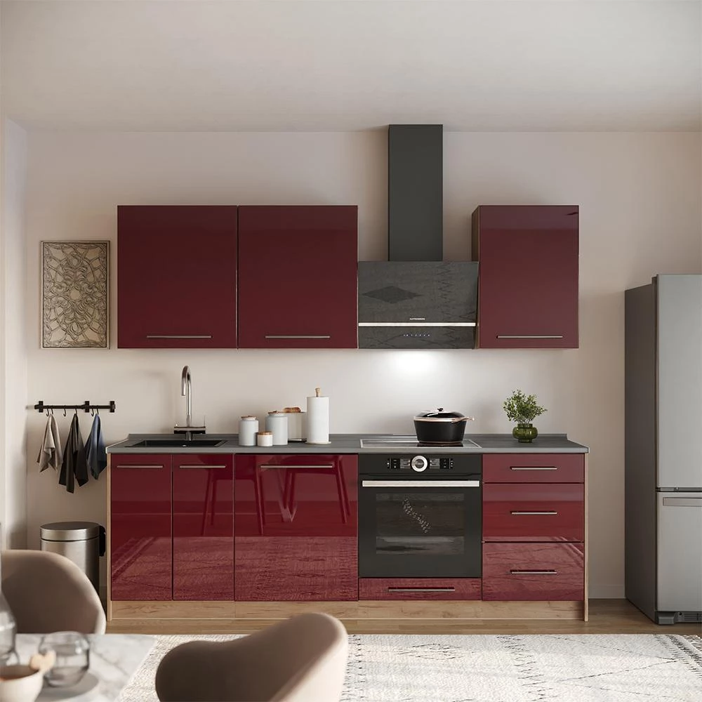 Meuble bas de cuisine Fame-Line Rouge bordeaux Haute brillance/Chêne de force doré 60cm 1 porte avec plan de travail Vicco