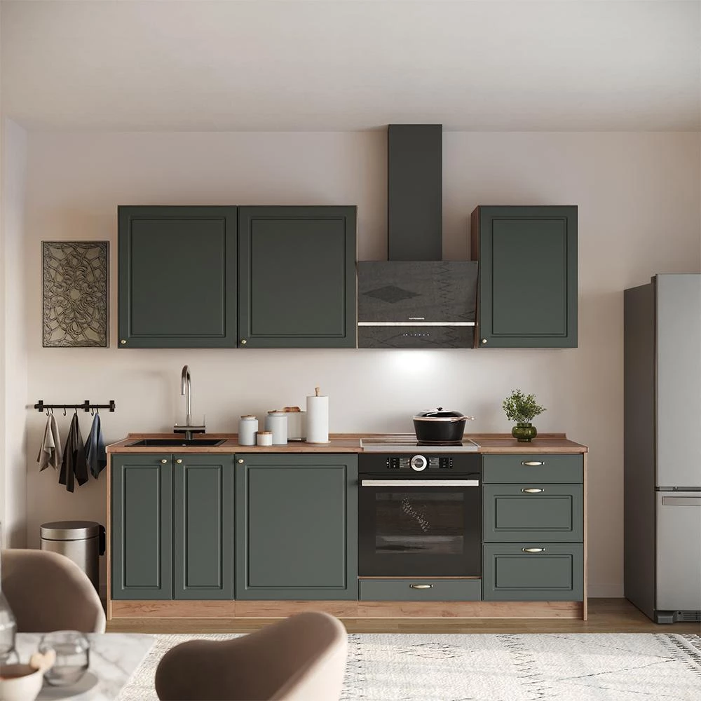Küchenunterschrank Fame-Line Grün-Gold Landhaus/Goldkraft Eiche 60 cm mit 1 Tür Arbeitsplatte Anthrazit Vicco