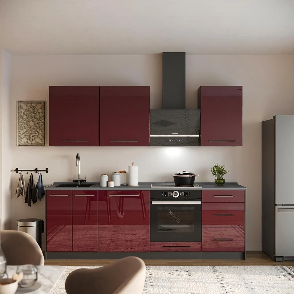 Küchenunterschrank Fame-Line Bordeaux Hochglanz/Anthrazit 60 cm mit 1 Tür Arbeitsplatte Anthrazit Vicco