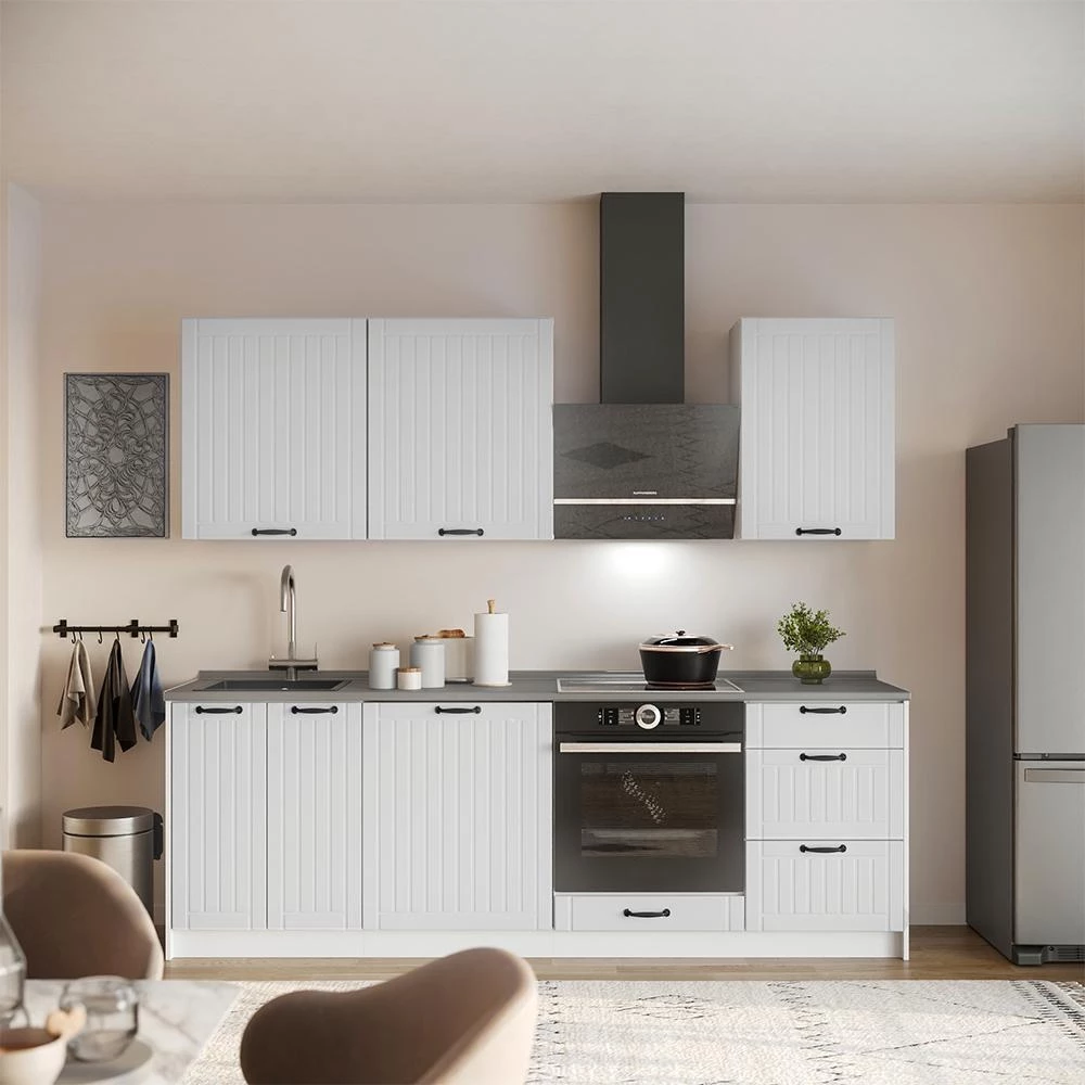 Küchenunterschrank Fame-Line Weiß Landhaus/Weiß 60 cm mit 1 Tür Arbeitsplatte Marmor Vicco