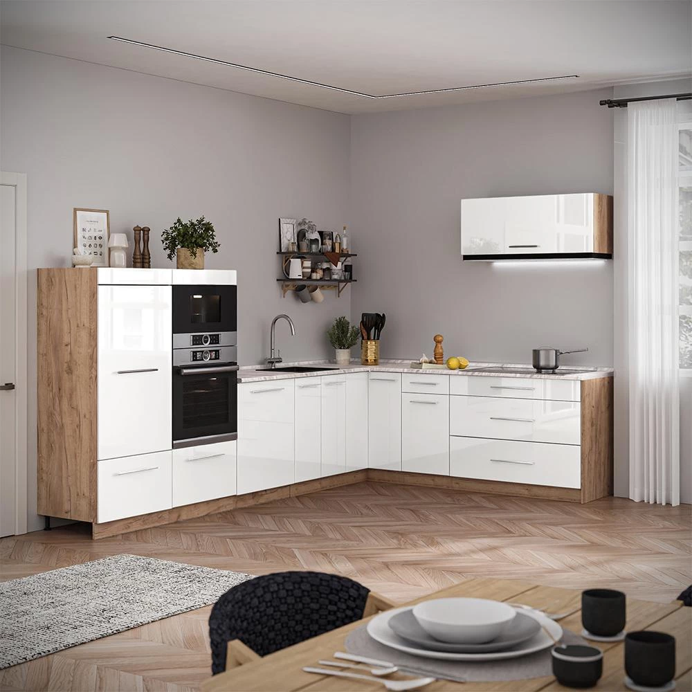 Cucina angolare completa Fame-Line Bianco lucido/Rovere dorato 327 x 227 cm piano di lavoro Rovere dorato Vicco