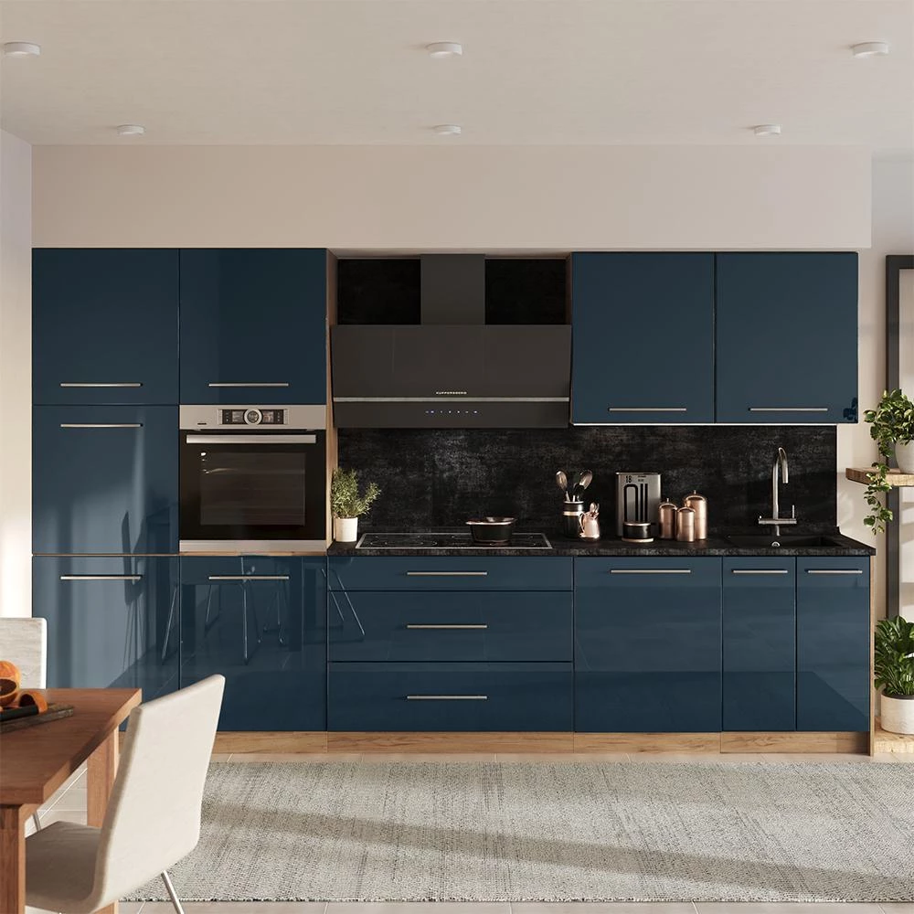 Cuisine Fame-Line Bleu foncé brillant/Chêne de force doré 340cm, PT Marbre Vicco