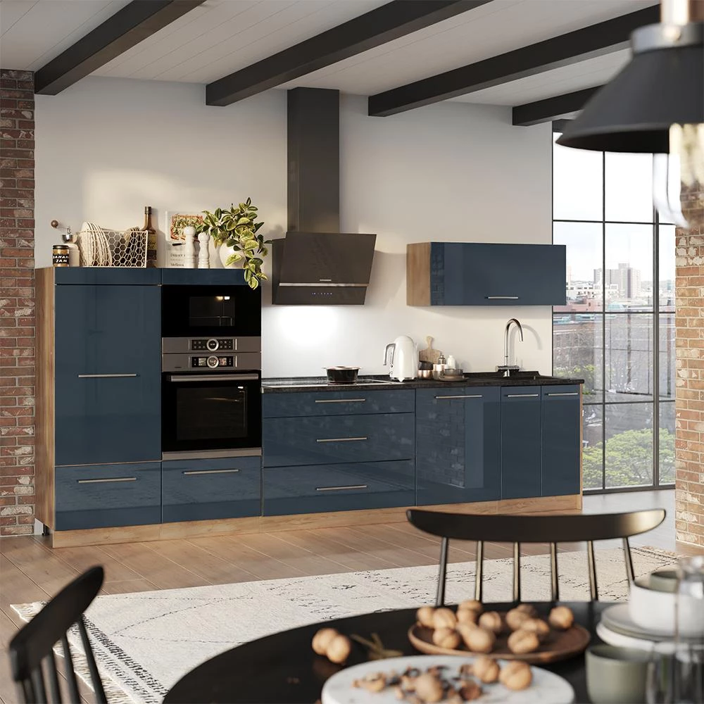 Cuisine Fame-Line Bleu foncé brillant/Chêne de force doré 340cm, PT Anthracite Vicco