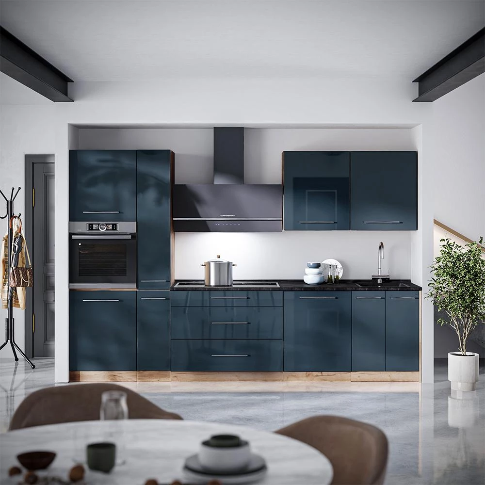 Cucina componibile Fame-Line Blu scuro lucido/Rovere dorato 310 cm senza piano di lavoro Vicco