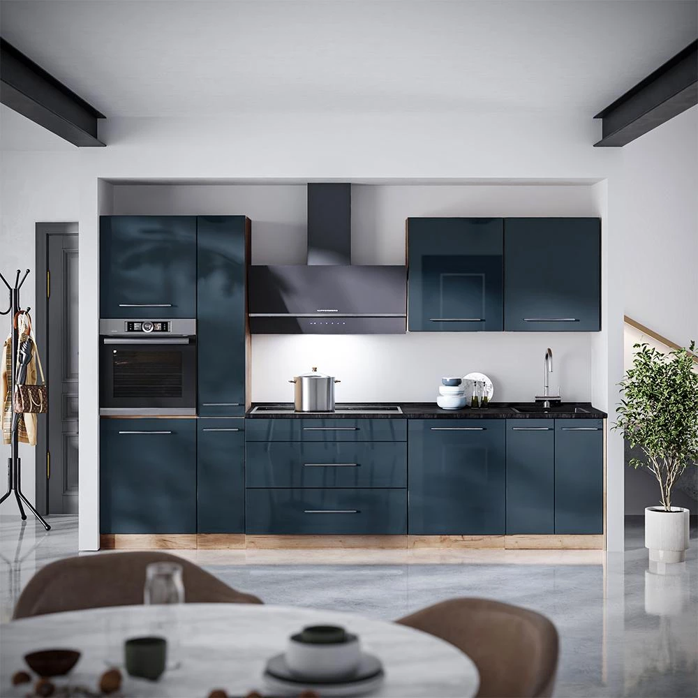 Cucina componibile Fame-Line Blu scuro lucido/Rovere dorato 310 cm piano di lavoro Marmo Vicco