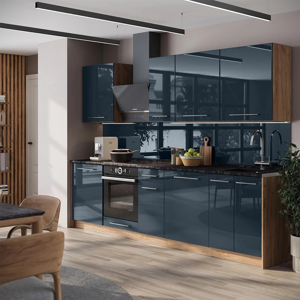 Cucina componibile Fame-Line Blu scuro lucido/Rovere dorato 280 cm piano di lavoro Antracite Vicco