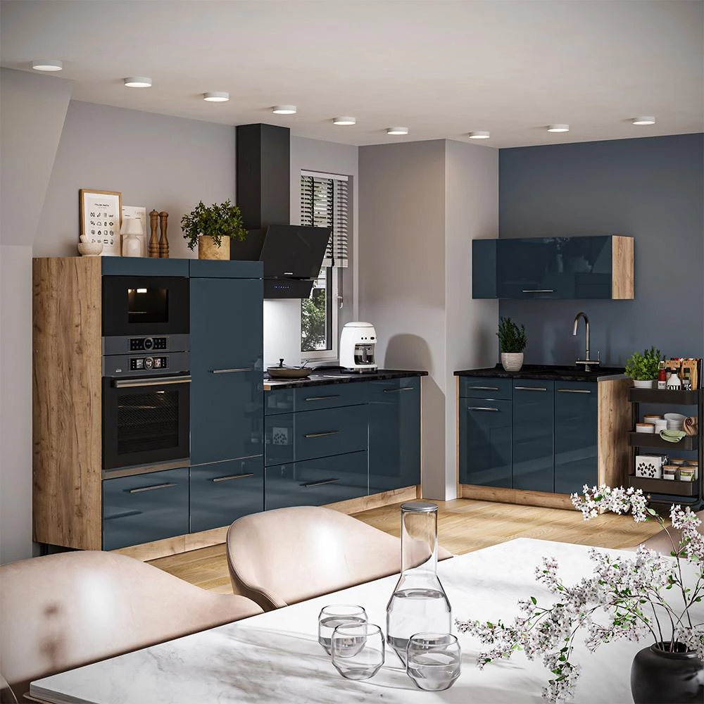 Cucina Fame-Line Blu scuro lucido/Rovere dorato 380 cm piano di lavoro Antracite Vicco