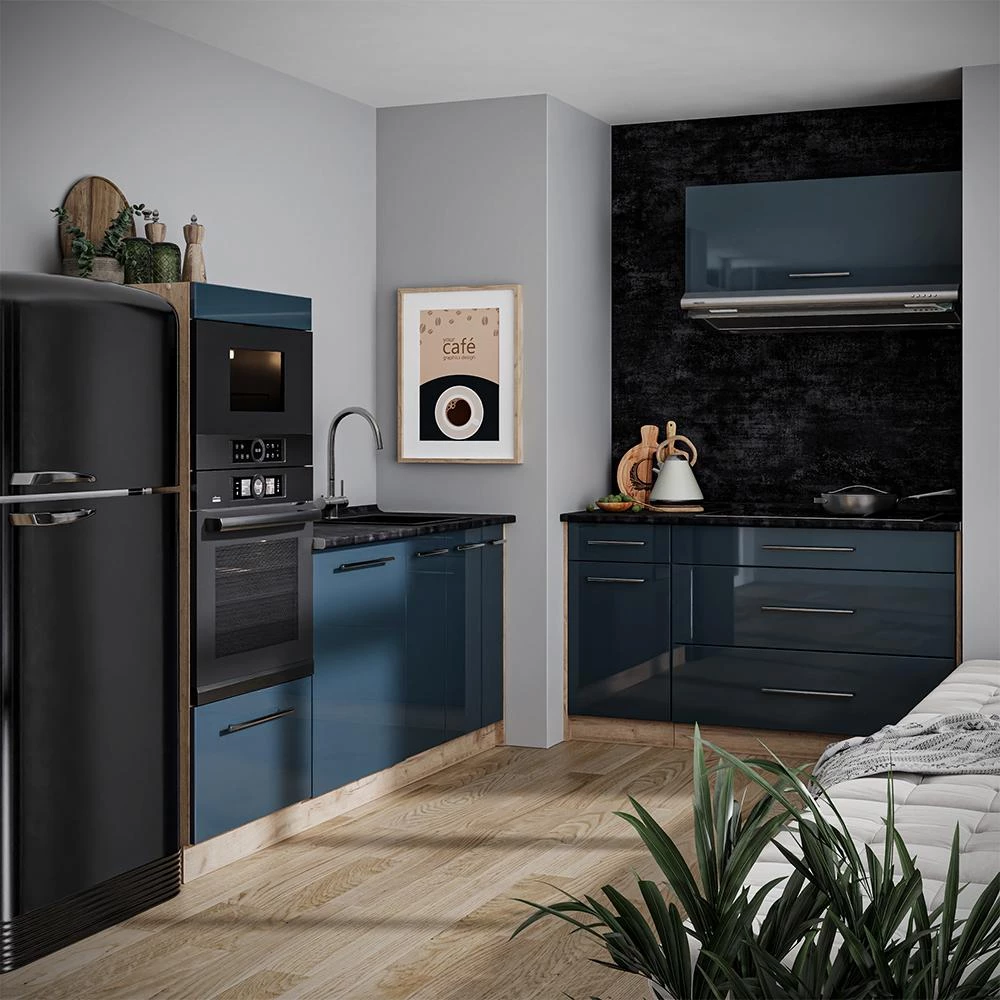Cucina Fame-Line Blu scuro lucido/Rovere dorato 340 cm piano di lavoro Antracite Vicco