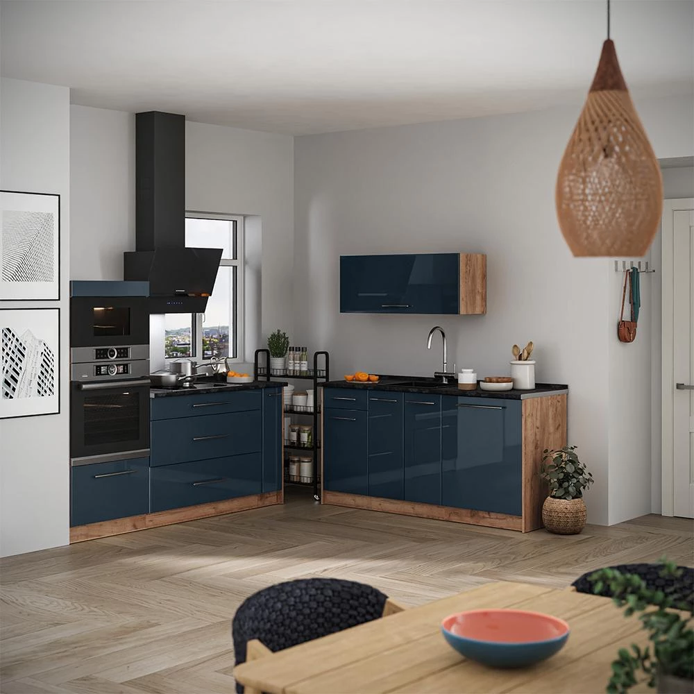 Cucina Fame-Line Blu scuro lucido/Rovere dorato 340 cm piano di lavoro Rovere dorato Vicco