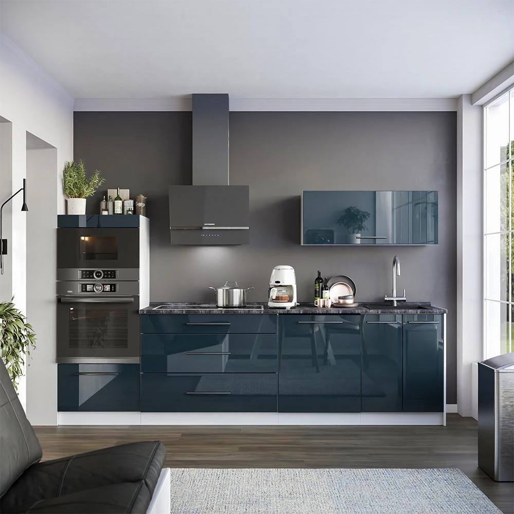 Cucina componibile Fame-Line Blu scuro lucido/Bianco 280 cm piano di lavoro Antracite Vicco