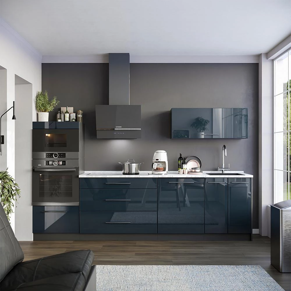 Cucina componibile Fame-Line Blu scuro lucido/Antracite 280 cm senza piano di lavoro Vicco