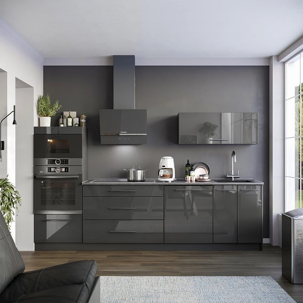 Cucina componibile Fame-Line Antracite lucido/Antracite 280 cm piano di lavoro Antracite Vicco