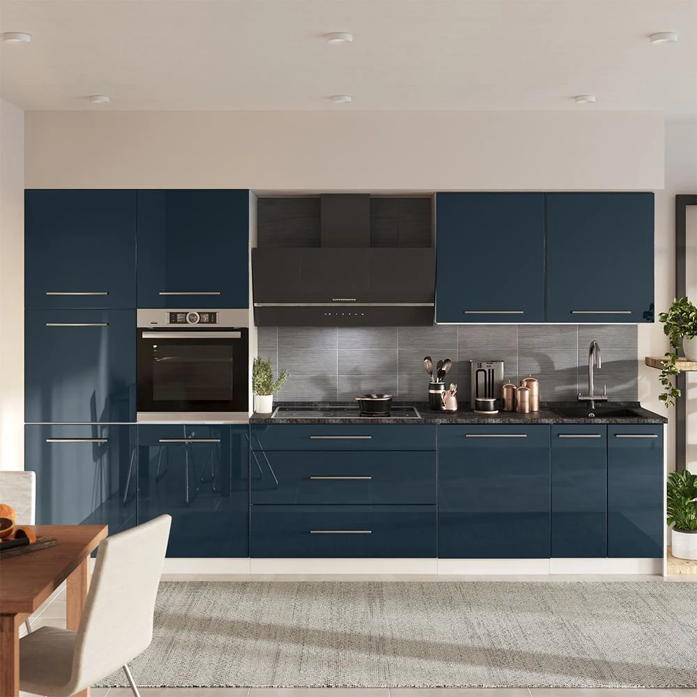 Cucina componibile Fame-Line Blu scuro lucido/Bianco 340 cm senza piano di lavoro Vicco