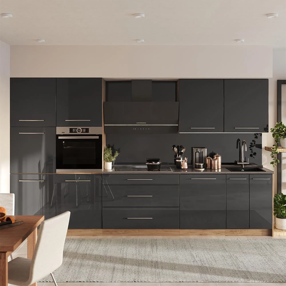 Cucina componibile Fame-Line Antracite lucido/Rovere dorato 340 cm piano di lavoro Marmo Vicco