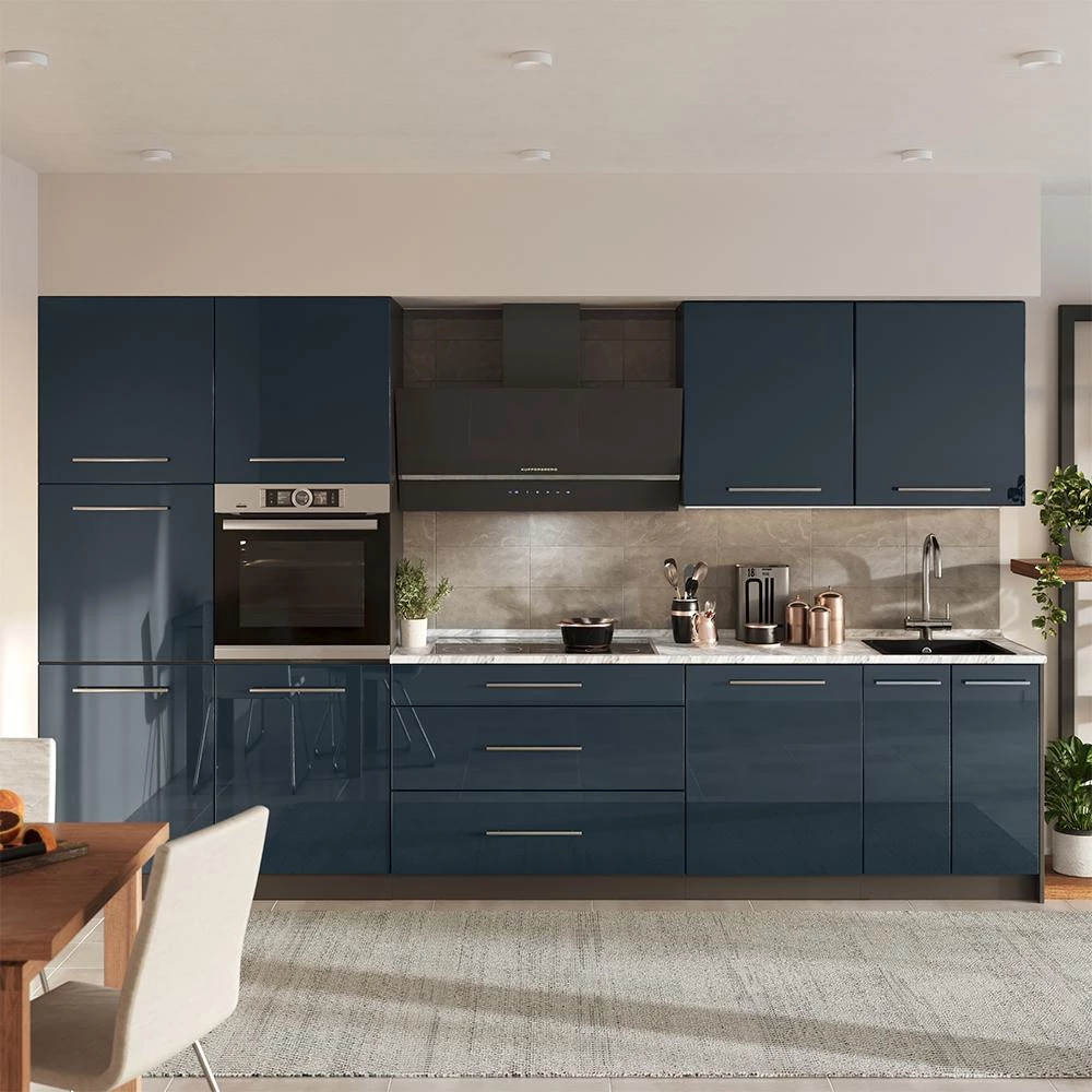 Cucina componibile Fame-Line Blu scuro lucido/Antracite 340 cm piano di lavoro Rovere dorato Vicco