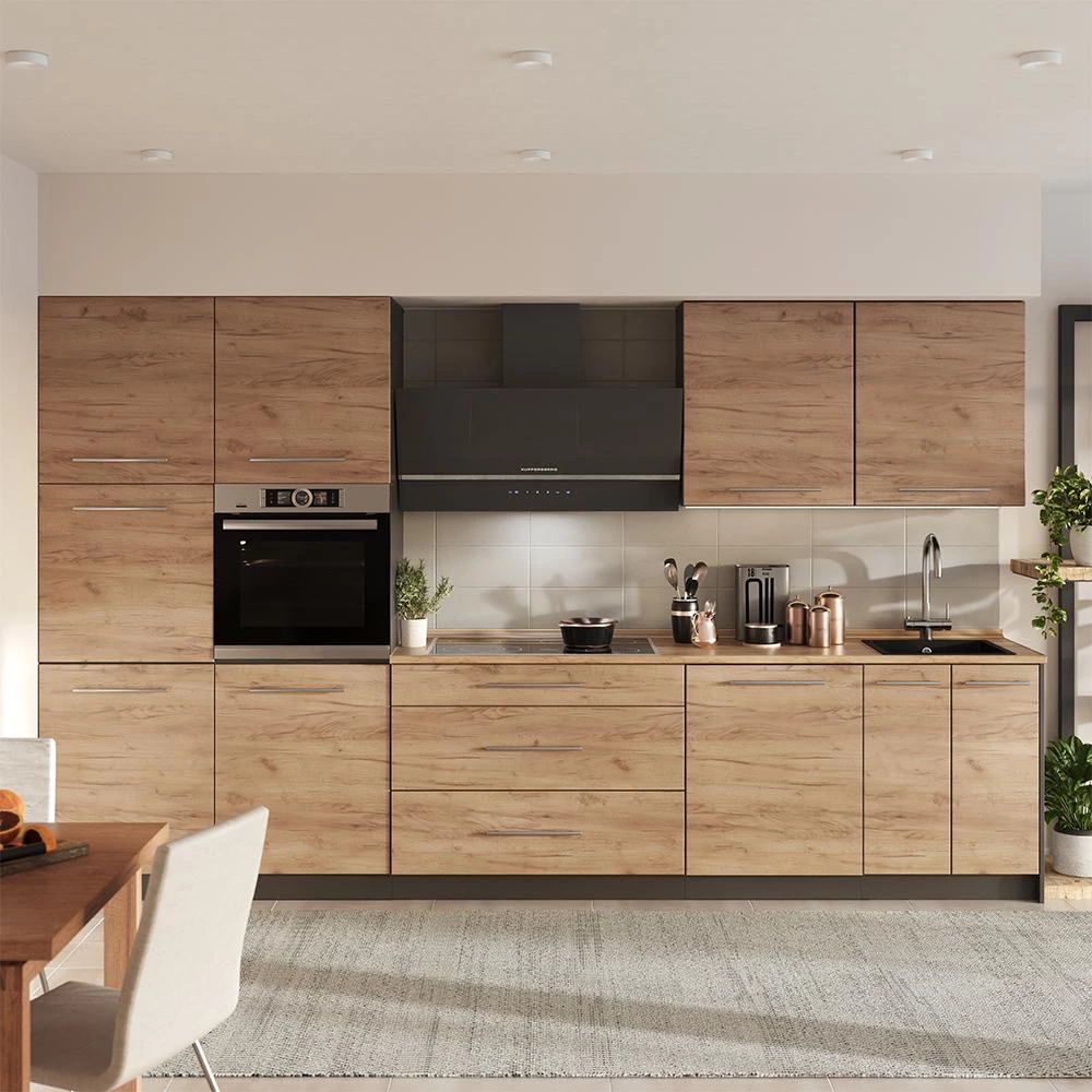 Cucina componibile Fame-Line Rovere dorato/Antracite 340 cm piano di lavoro Marmo Vicco