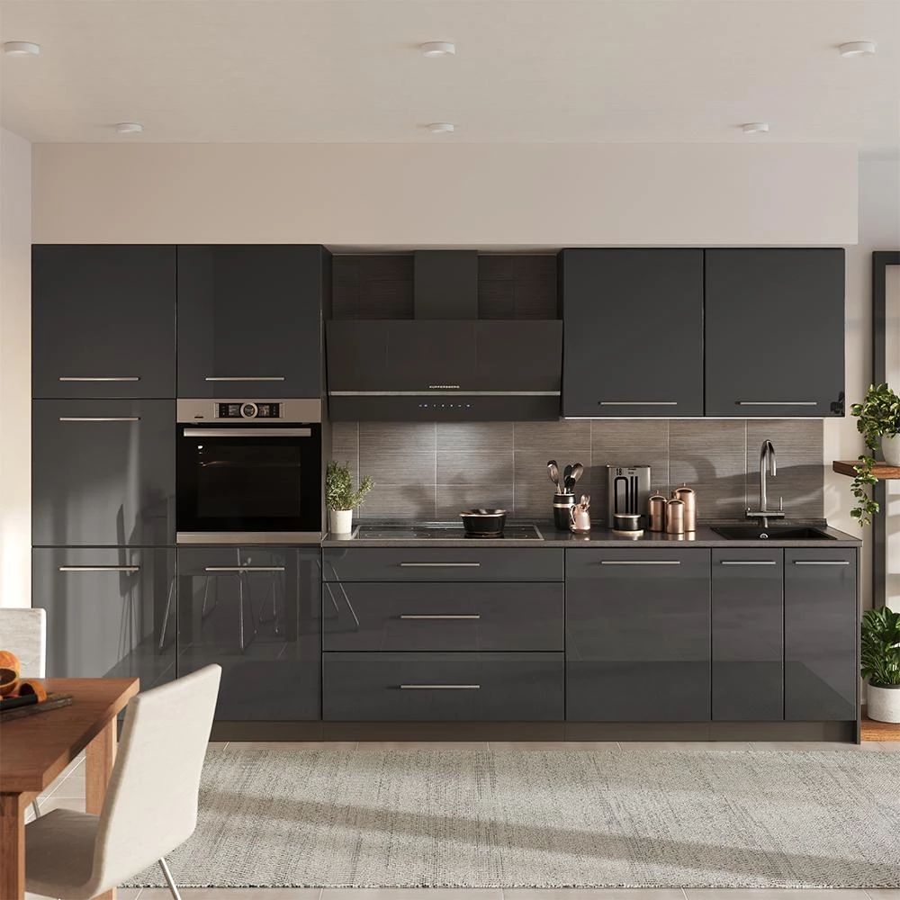 Cucina componibile Fame-Line Antracite lucido/Antracite 340 cm piano di lavoro Marmo Vicco