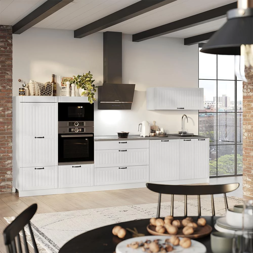 Cucina componibile Fame-Line Bianco country/Bianco 340 cm piano di lavoro Marmo Vicco