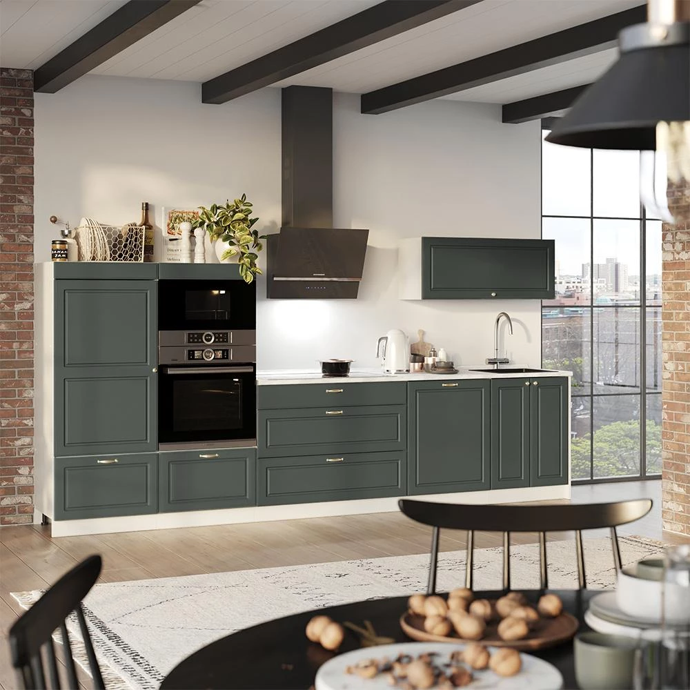 Cucina componibile Fame-Line Verde-oro country/Bianco 340 cm piano di lavoro Rovere dorato Vicco