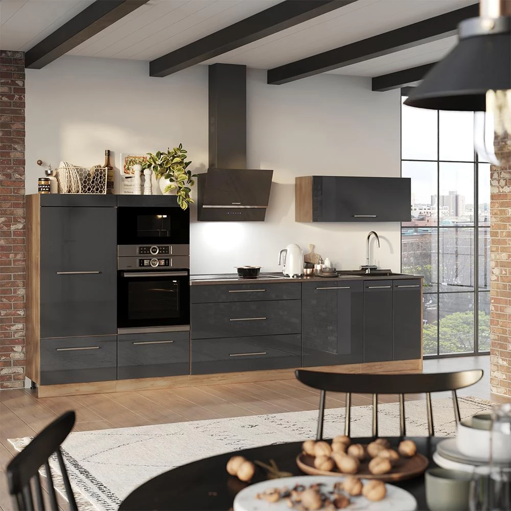Cuisine Fame-Line Anthracite Haute brillance/Chêne de force doré 340cm, PT Marbre Vicco