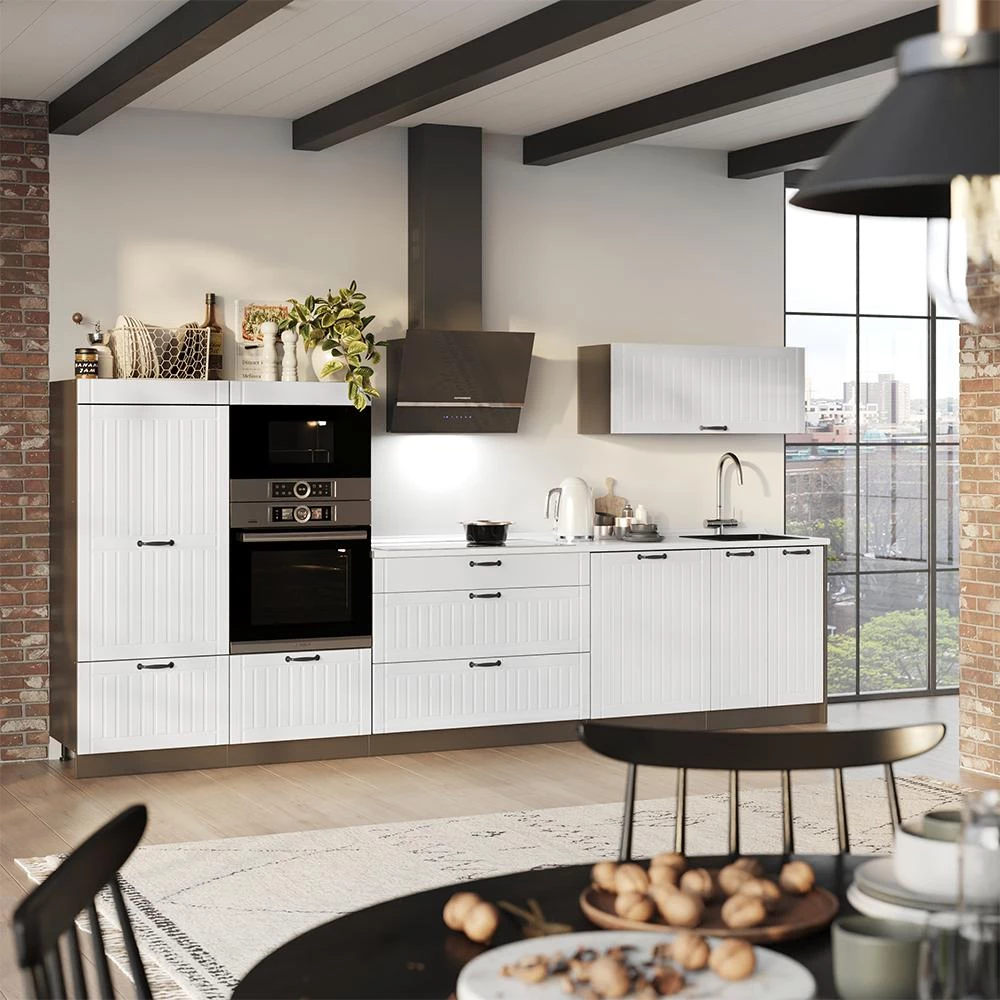 Cucina componibile Fame-Line Bianco country/Antracite 340 cm piano di lavoro Rovere dorato Vicco