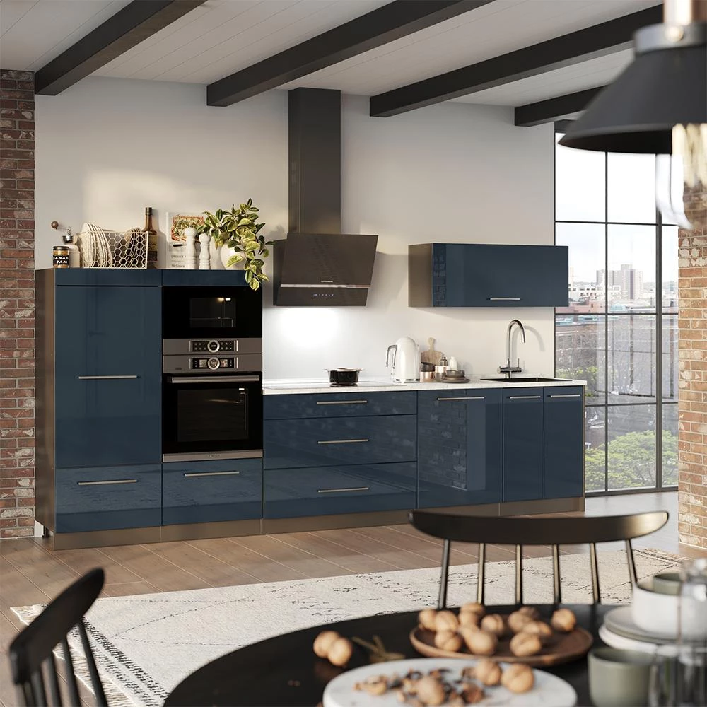 Cucina componibile Fame-Line Blu scuro lucido/Antracite 340 cm piano di lavoro Rovere dorato Vicco
