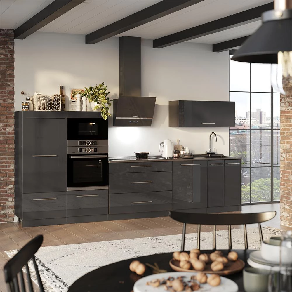 Cucina componibile Fame-Line Antracite lucido/Antracite 340 cm senza piano di lavoro Vicco