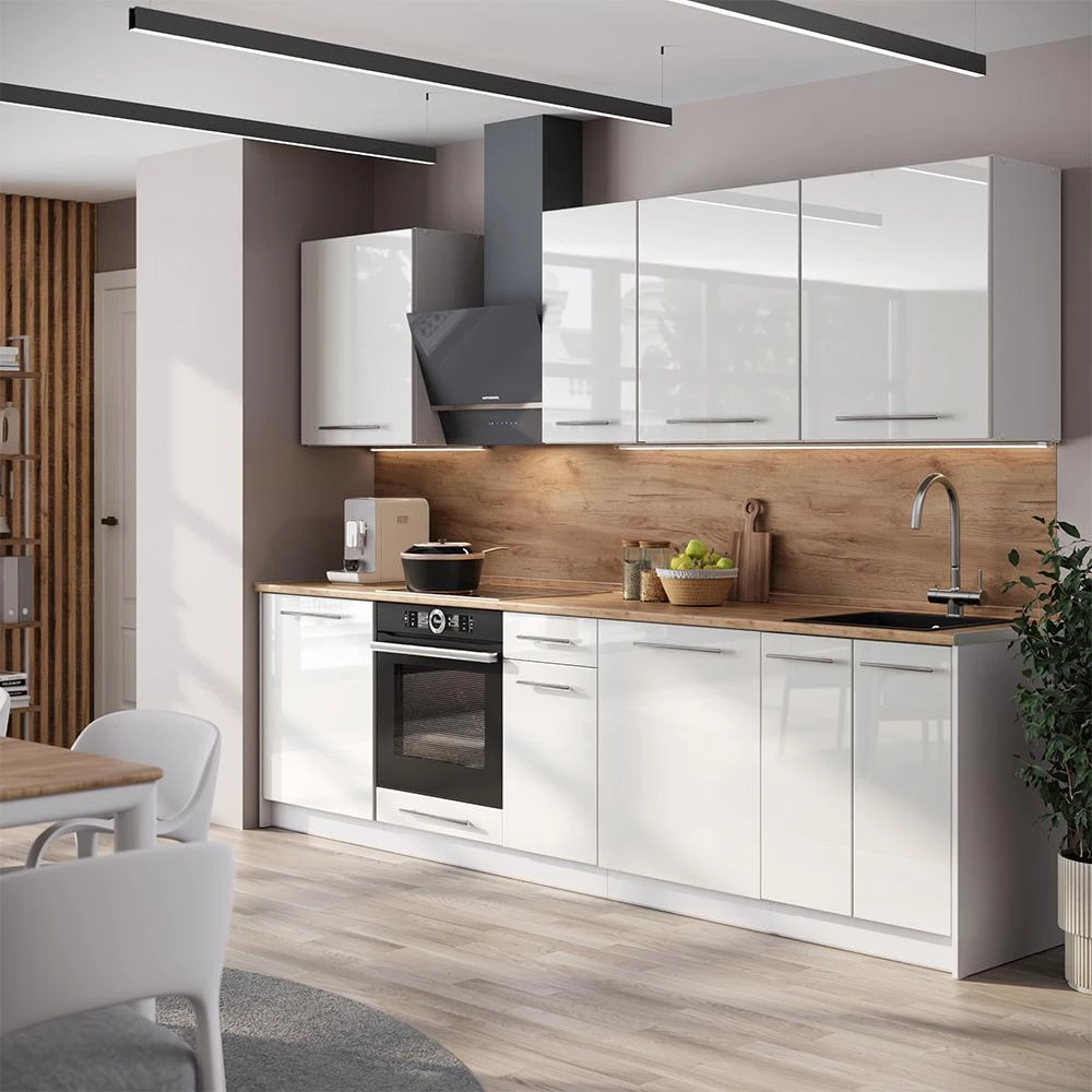 Cucina componibile Fame-Line Bianco lucido/Bianco 280 cm piano di lavoro Rovere dorato Vicco