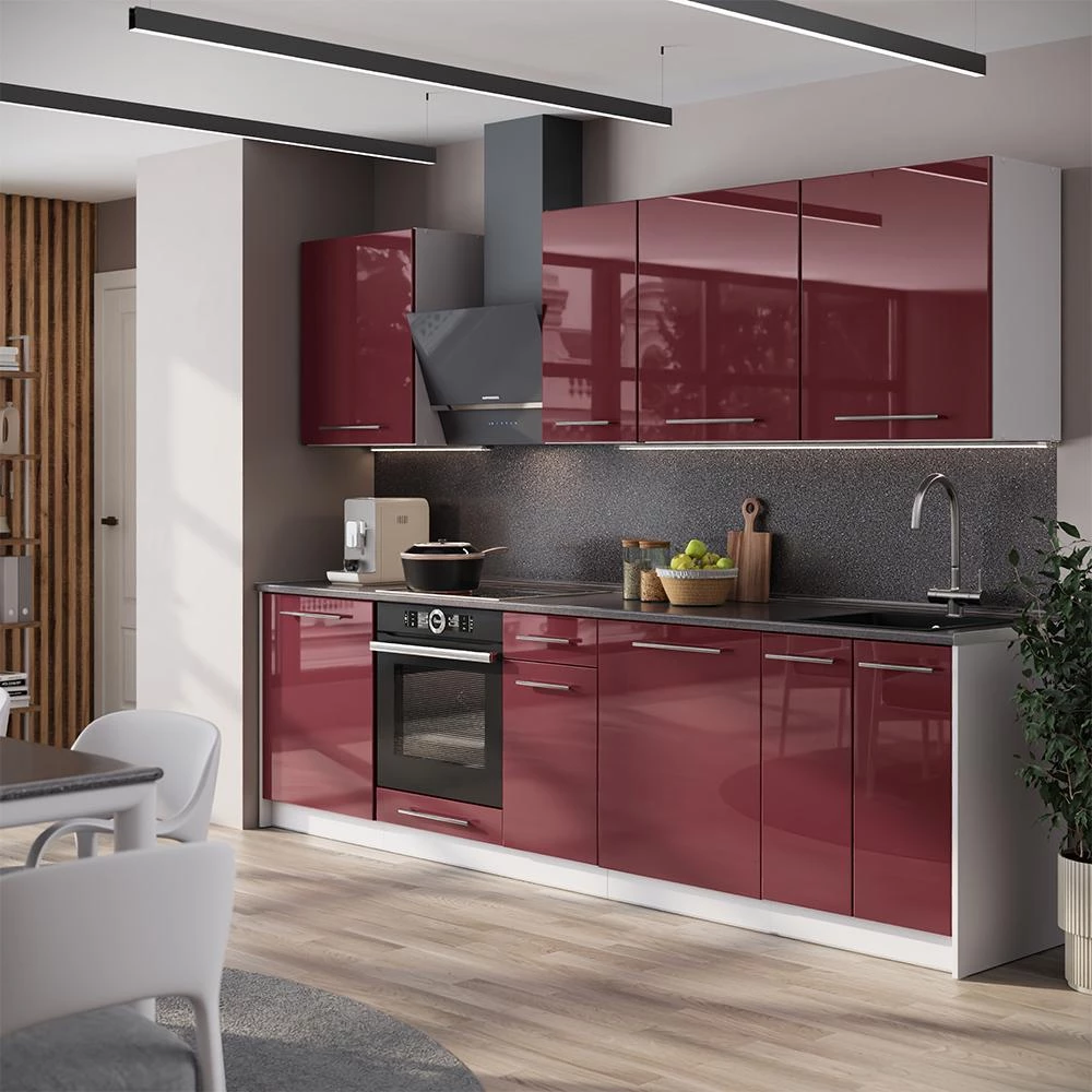 Cucina componibile Fame-Line Bordeaux lucido/Bianco 280 cm piano di lavoro Rovere dorato Vicco