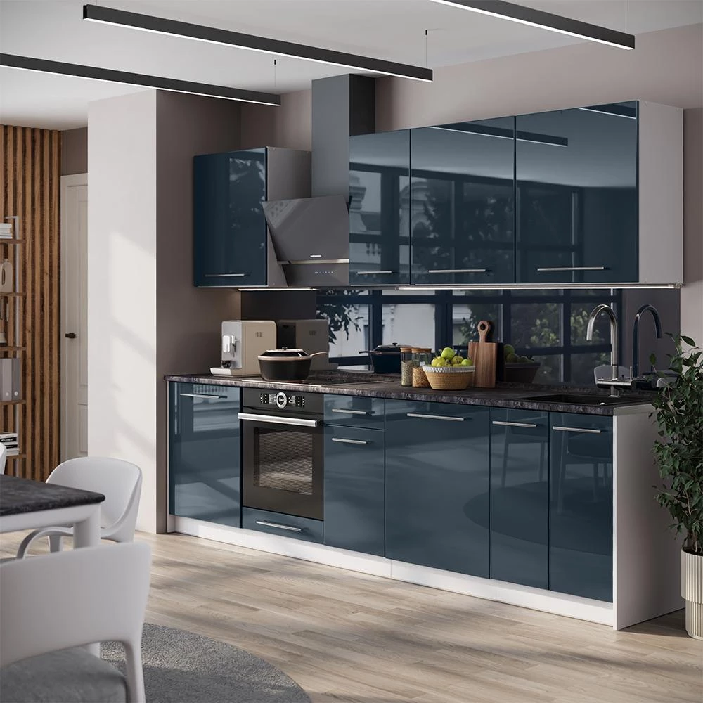 Cuisine Fame-Line Bleu foncé brillant/Blanc 280cm, PT Marbre Vicco