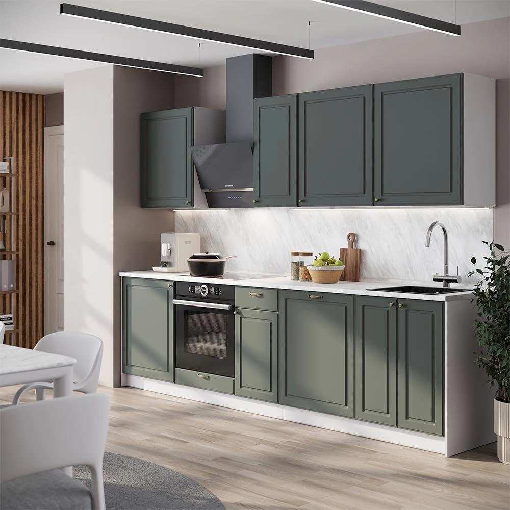 Cucina componibile Fame-Line Verde-oro country/Bianco 280 cm piano di lavoro Rovere dorato Vicco