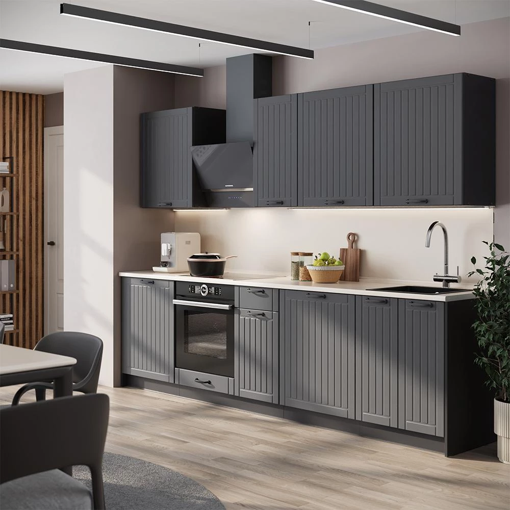 Cucina componibile Fame-Line Grigio scuro/Bianco 280 cm piano di lavoro Rovere dorato Vicco
