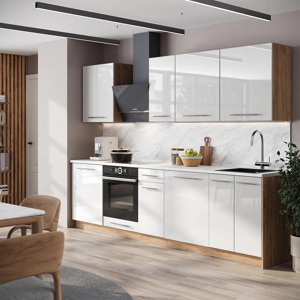 Cucina componibile Fame-Line Bianco lucido/Rovere dorato 280 cm piano di lavoro Marmo Vicco