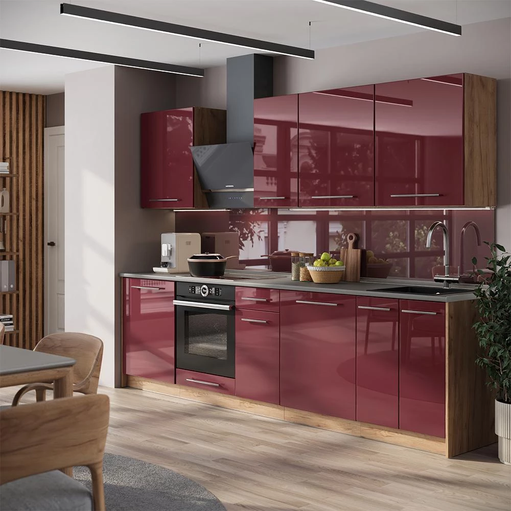 Cucina componibile Fame-Line Bordeaux lucido/Rovere dorato 280 cm piano di lavoro Marmo Vicco
